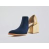 Alfonsina handmade leather shoes fatty blue caramel ranger details green beige wooden heels natural 7 cm